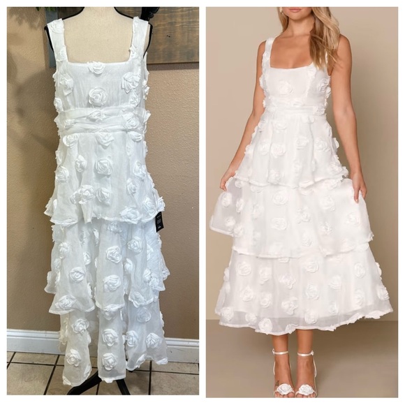 NWT Exceptional Entrance White Sleeveless Tiered Rosette Midi Dress - Picture 1 of 8